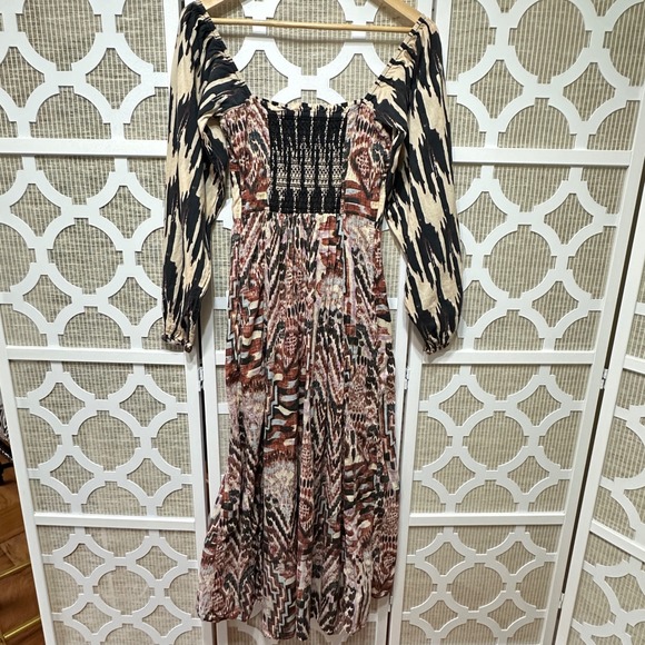 Maria Cher Junin Naibi Midi Dress Womens Size S Boho Batik Puff Sleeve Tribal - Picture 10 of 16